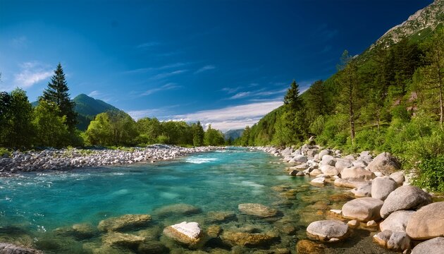 serene mountain river with clear blue water and rocky shoreline in natural landscape