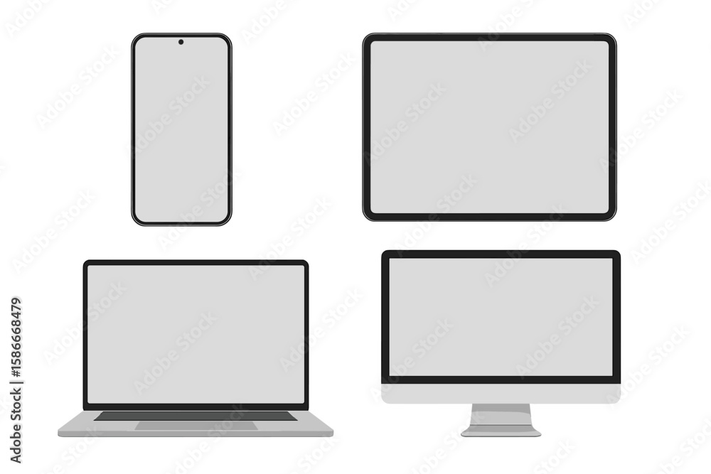 Poster realistic device mockup set with laptop, computer monitor, tablet, smartphone. vector for ui, ux, we