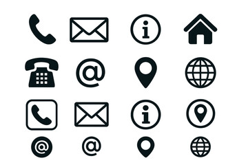 Contact Information Icons Set for Business Cards, Featuring Phone, Email, Fax, and Info Symbols, Contemporary Web Icon Collection with Four Different Stylish Contact Us Designs