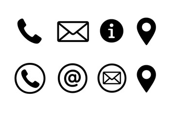 Contact Information Icons Set. Communication Symbols Collection. Phone, Email, Location, Info, Web, Business Card, Customer Service Contact Us Elements. Vector Black Simple Icons for Website and Card.