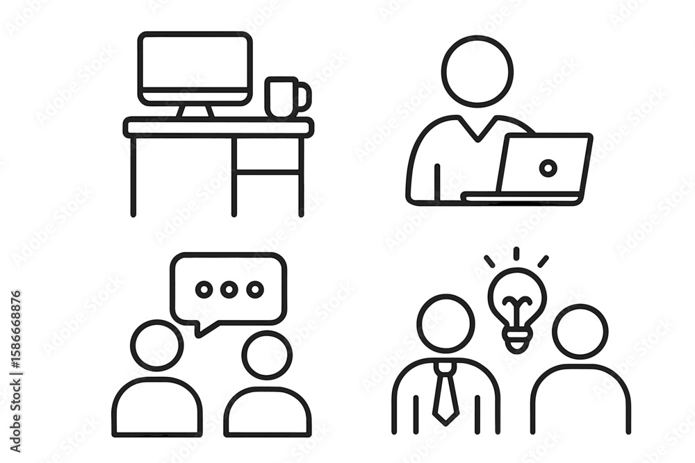Poster office and coworking icons set for web and mobile app. line style vector illustration. concepts of r