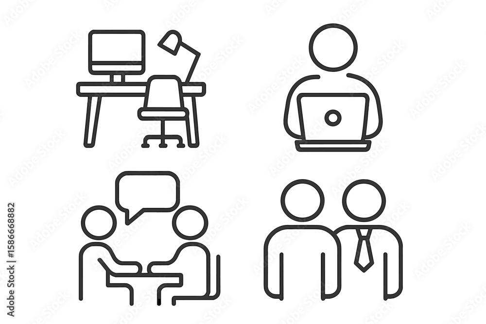 Fototapete Office workspace linear icon set. Coworking, remote work, business meeting, interview, teamwork concepts. Editable stroke pictogram for web design and mobile application.