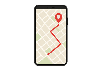Mobile phone with digital GPS navigation app on screen. City map with red point marker and route. Finding location and destination. Geolocation and tracking technology concept.