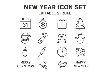 New Year and Christmas holiday celebration icon set. Thin line vector collection with editable stroke. Winter symbols like Santa, gift, tree, snowman, and fireworks.