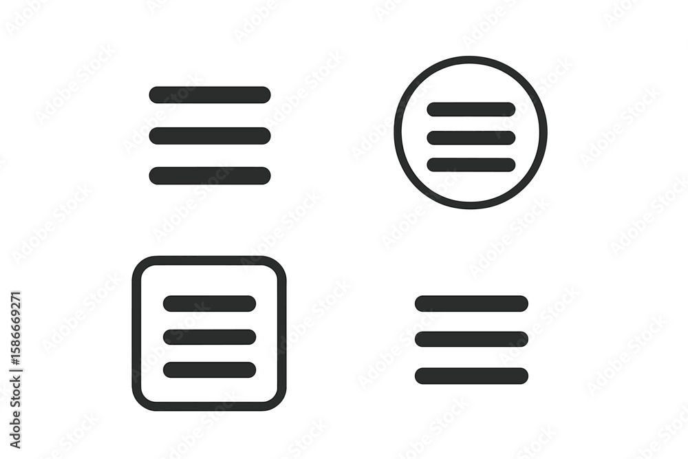 Poster modern hamburger menu icons set—minimalist navigation ui buttons for apps and websites, flat vector 