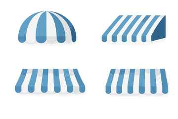 Realistic Set of Four Blue and White Canopy Awning Vector Illustrations in Various Shapes with Shadows for Shopfront, Market Stall, Poster, Banner, Sun Shade, Street Cafe, Storefront Advertising
