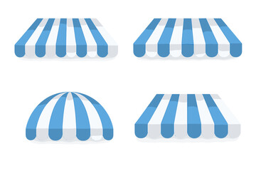 Realistic Blue and White Shop Canopy Awning Set – 4 Market Tent Styles with Shadows, Roof Sun Shade, Outdoor Banner, Advertising Storefront Elements, Vector EPS