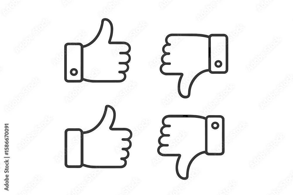 Poster thumb up and down outline icons set. social media feedback like dislike symbol. web user interface m