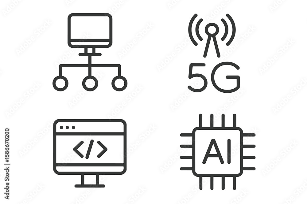 Poster modern technology line icons set – 5g wireless communication, ai chip, coding, computer network, web