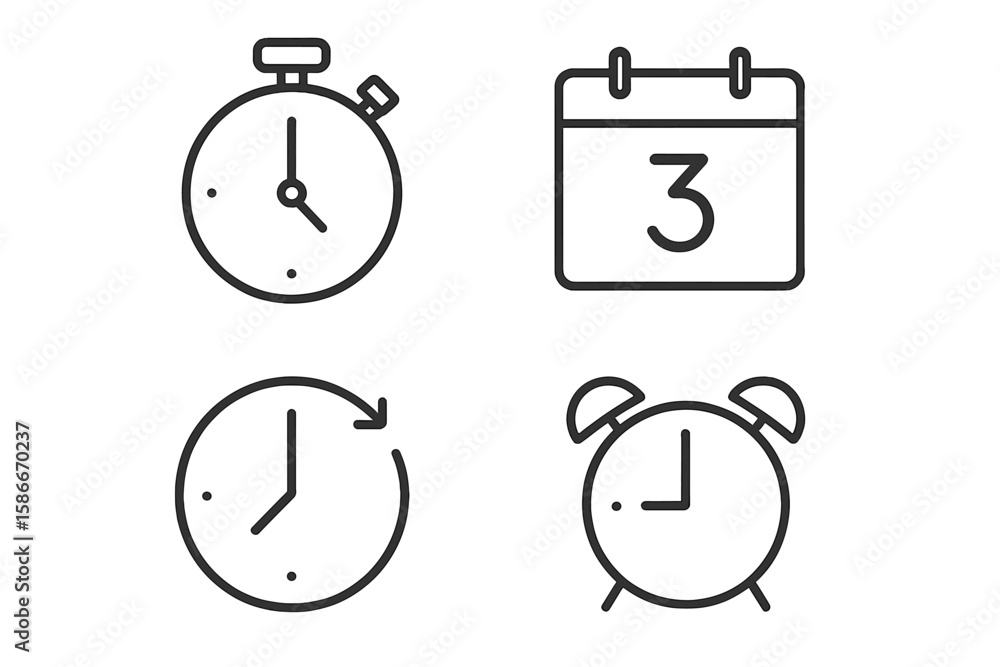 Poster minimalist time management icons collection: stopwatch, calendar date, countdown timer, alarm clock 
