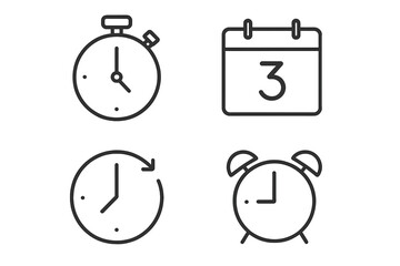 Minimalist Time Management Icons Collection: Stopwatch, Calendar Date, Countdown Timer, Alarm Clock — Line Style Web Symbols for Scheduling, Deadline, Reminder, Efficiency, Productivity