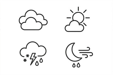 Weather Forecast Line Icon Set. Vector Outline Symbols for Cloud, Sunny, Rain, Thunderstorm, Wind, Snow, Dew. Meteorology Web and Mobile App, UI UX Elements, Minimal Style, 4 Designs