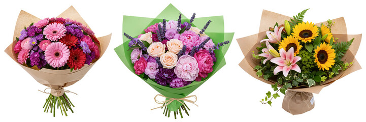 Set of three diverse flower, bouquet, flower bouquets in rustic kraft paper wrapping. The collection includes vibrant sunflowers, pink blooms, and purple floral arrangements.