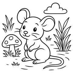 Adorable Mouse Coloring Page: A Whimsical Scene with Mushroom and Cloud, Simple Line Art for Children's Creativity and Relaxation