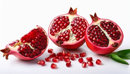 fresh pomegranate slices and seeds isolated on white background