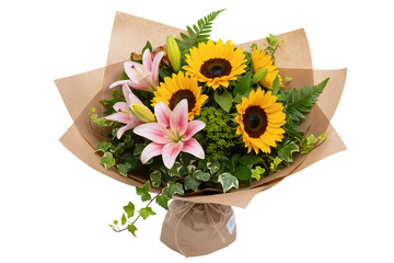 A beautiful bouquet of flowers featuring bright yellow sunflowers and pink lilies. The arrangement is accented with fresh green ivy and wrapped in kraft paper.