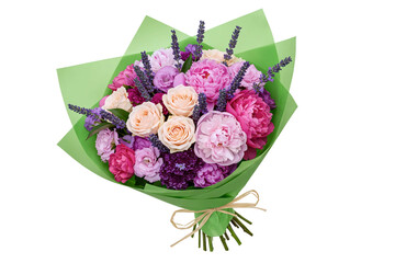 A lush bouquet of flowers with pink peonies and purple blooms. This elegant floral arrangement is wrapped in bright green paper and tied with twine.