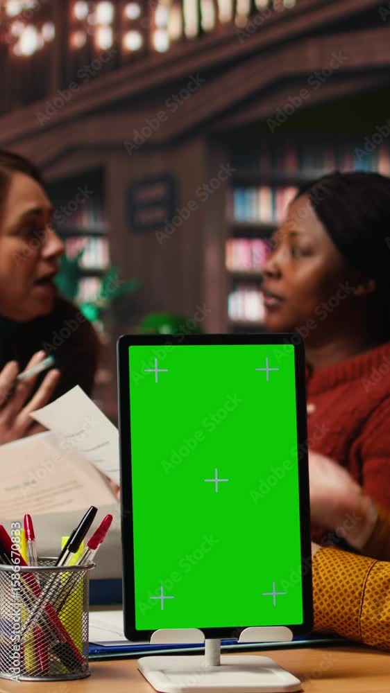 Poster Vertical Video Mature colleagues team review paperwork next to chroma key mockup, using multiple academic sources and books in classic library setting. Learning space with library resources. Camera A.