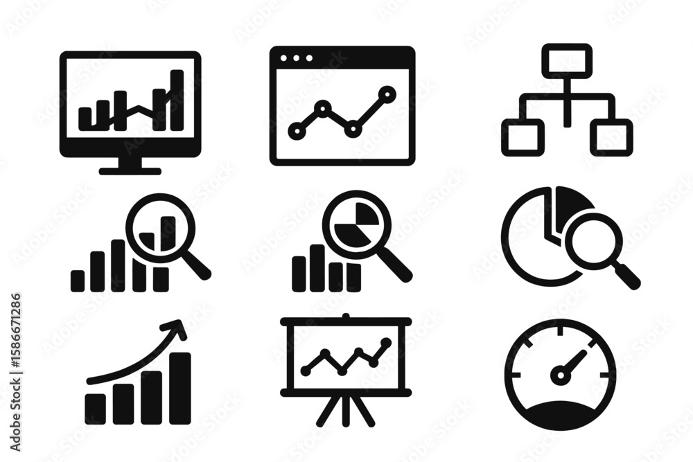 Fototapete data analytics icons set for web and mobile apps with graphs, traffic analysis, data processing, res