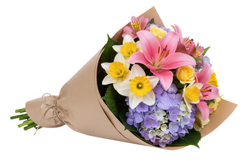 A colorful spring bouquet featuring pink lilies, yellow daffodils, and purple flowers. This vibrant floral arrangement is wrapped in rustic kraft paper.