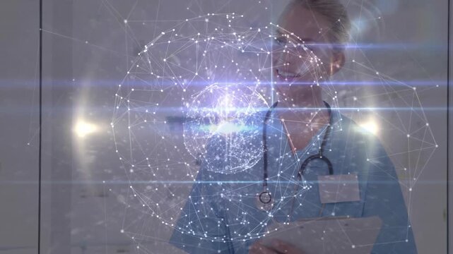 Upon activation medical nurse viewing holographic globe materializing over clipboard streaming data