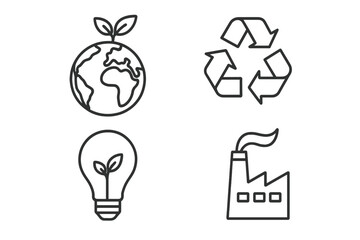 Eco-Friendly Linear Icons Set: Sustainable Earth, Recycling Symbol, Renewable Energy Lightbulb, Factory Emissions Outline – Environmental Conservation Vector on Transparent Background