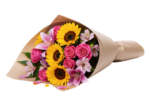 A cheerful bouquet with a large sunflower, pink roses, and purple flowers. This vibrant mixed floral arrangement is wrapped in natural kraft paper.
