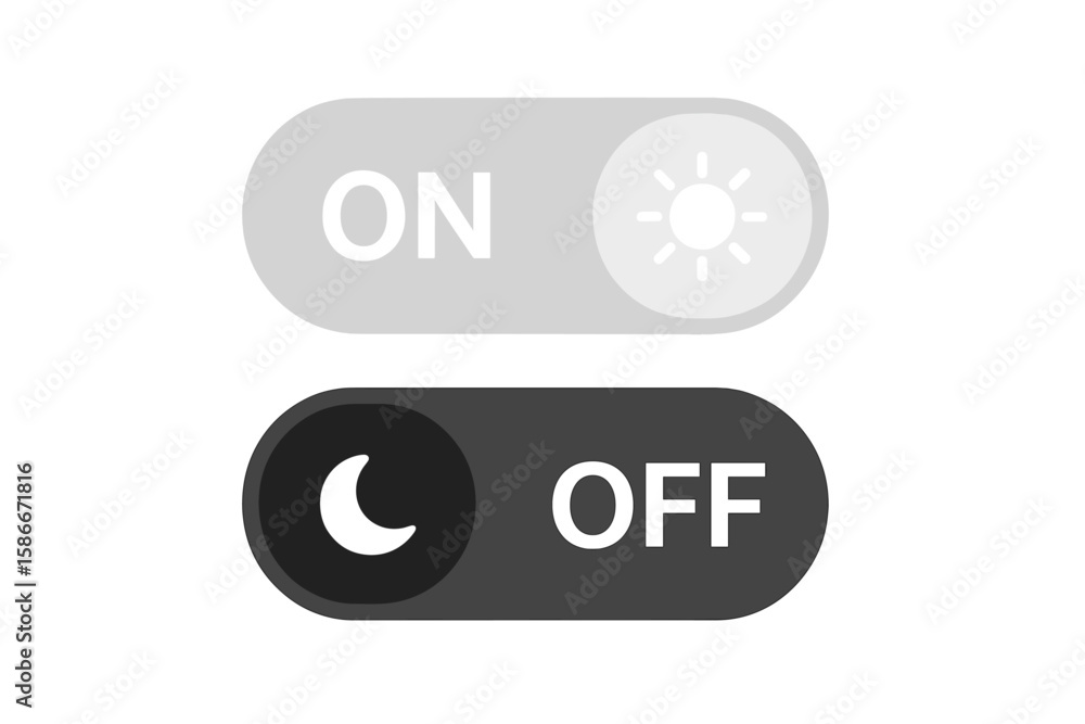 Poster on off toggle switch button vector. light dark button ui icons. day night mode, sun moon symbol. web