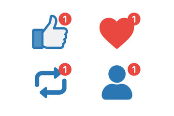 Modern Social Media Notification Icons Set. Thumbs Up Like, Heart Favorite, Retweet Share, New Follower User. Flat Vector Design for Online Network Rating Alerts