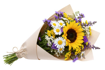 A charming bouquet with sunflowers, white chamomile daisies, and sprigs of lavender. This rustic floral arrangement is wrapped in natural kraft paper.