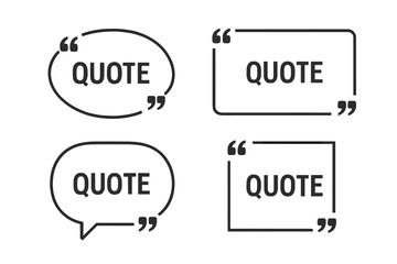 Quote text box template set. Flat vector blank quote frame design. Speech bubble outline with quotation marks. Modern text box shape for citation, testimonial, message, comment.
