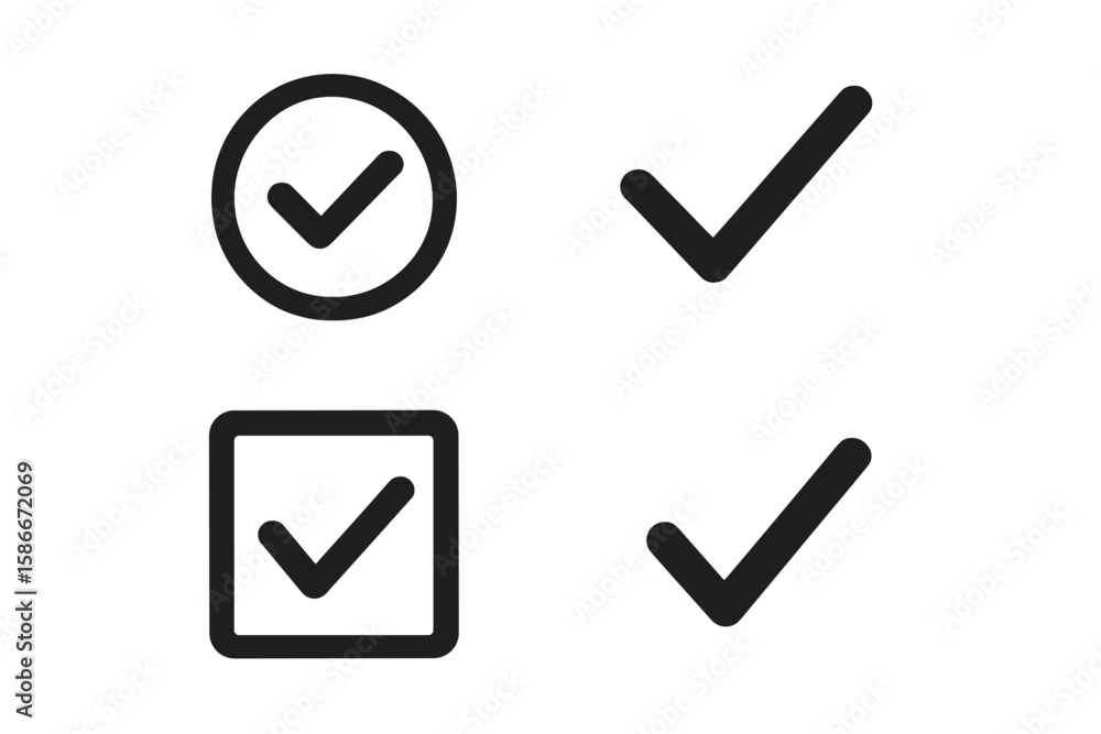 Poster minimalist check mark icon set. four vector checkmark symbols with circle, square, and plain styles.