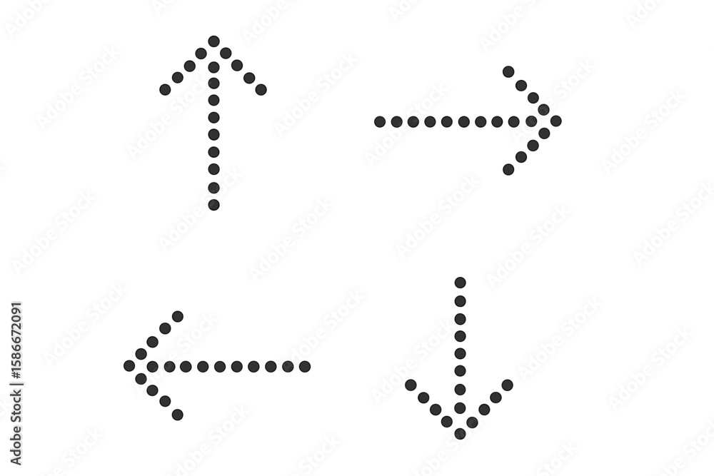 Poster four dotted arrow icons vector set. minimalist black dot arrows pointing up, down, left, right. mode