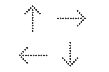 Four dotted arrow icons vector set. Minimalist black dot arrows pointing up, down, left, right. Modern navigation, direction symbols. Simple geometric pointer graphic elements.