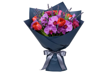 A beautiful bouquet of mixed pink and purple roses and asters. This lovely floral arrangement is wrapped in dark blue paper and tied with a decorative ribbon.