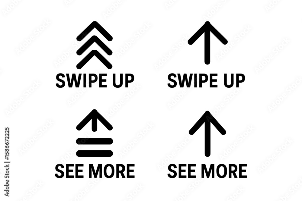 Poster swipe up icon set for social media stories. see more and arrow up vector button collection. bold bla