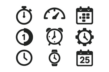 Time management icons set. Stopwatch, speedometer, calendar, countdown timer, alarm clock, recovery, analog clock, wristwatch, date planner. Black vector symbols