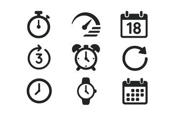 Time management vector icons set. Stopwatch, timer, speed, alarm clock, countdown, wristwatch, analog clock, calendar, date, schedule, repeat, reminder symbols