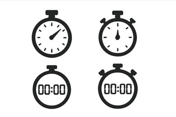 Stopwatch and Timer Icon Set. Analog and Digital Time Measurement Symbols. Countdown Timer, Chronometer, Stopwatch Silhouettes. Vector Illustration for Web, App, UI Design.