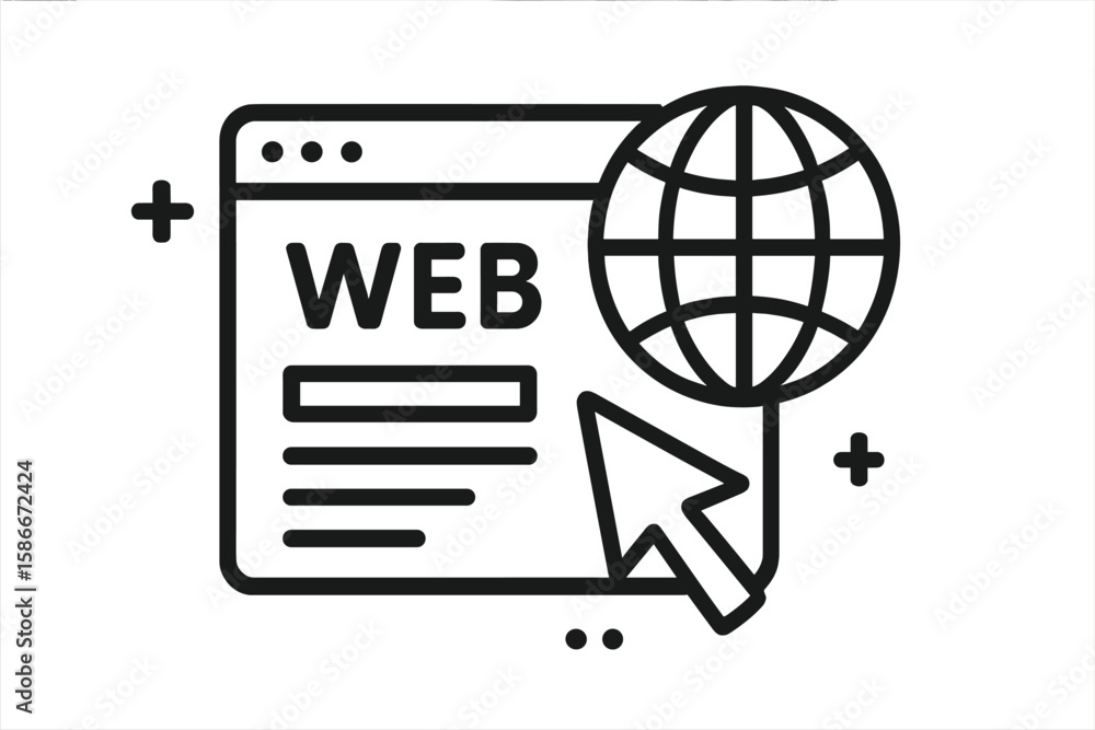 Poster web browser window with globe icon and cursor pointer. internet website, online access, web page int
