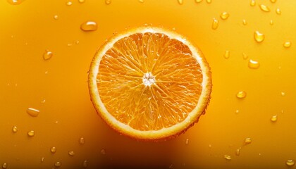 fresh orange slice with water drops on vibrant yellow background