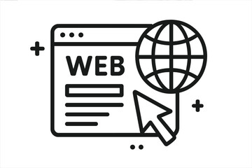Obraz premium Web browser window with globe icon and cursor pointer. Internet website, online access, web page interface. Modern line art vector illustration, internet technology concept