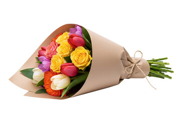 A bright bouquet of fresh yellow and red tulips and roses. This cheerful spring arrangement is wrapped in rustic kraft paper and seen from an angled view.