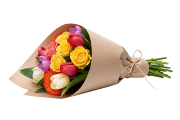 A bright bouquet of fresh yellow and red tulips and roses. This cheerful spring arrangement is wrapped in rustic kraft paper and seen from an angled view.