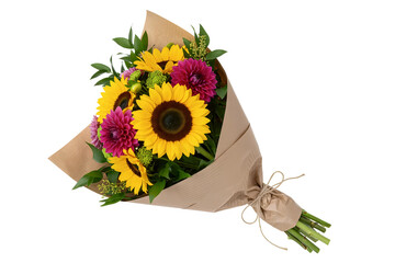A cheerful bouquet featuring a large sunflower and a pink lily. This bright summer arrangement is wrapped in rustic kraft paper and seen from an angle.