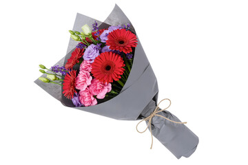 A vibrant bouquet of pink and orange gerbera daisies, seen from an angled view. This colorful floral arrangement is wrapped in stylish grey paper.