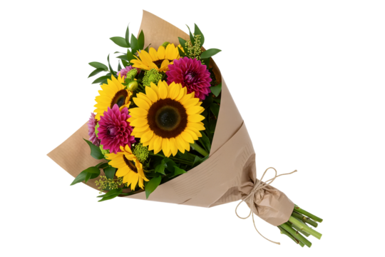A cheerful bouquet featuring a large sunflower and a pink lily. This bright summer arrangement is wrapped in rustic kraft paper and seen from an angle.