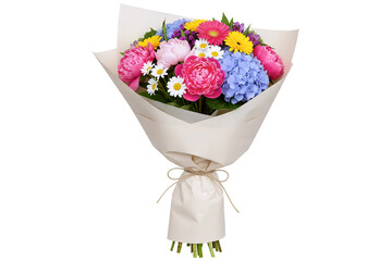 A lovely bouquet of fresh pink roses and blue hydrangea flowers. This beautiful floral arrangement is wrapped in light kraft paper and tied with a satin ribbon.