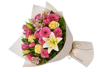 A beautiful bouquet of pink lilies, yellow gerberas, and other mixed flowers. This fresh and colorful floral arrangement is wrapped in rustic kraft paper.