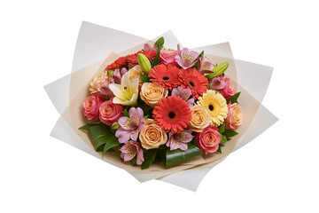 A colorful bouquet of mixed flowers, including orange gerberas and red roses. This fresh floral gift is seen from a top-down perspective, wrapped in paper.